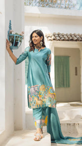 Sky Blue Cotton Kurta Set with Kalamkari Inspired Animal Motifs – Ethnic Wear for Women with Dupatta